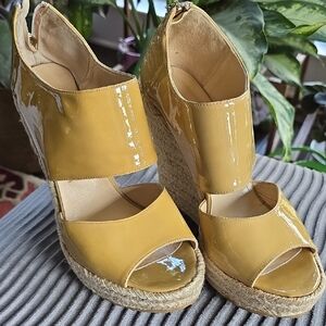 Jimmy Choo Mustard Patent Wedge Sandals